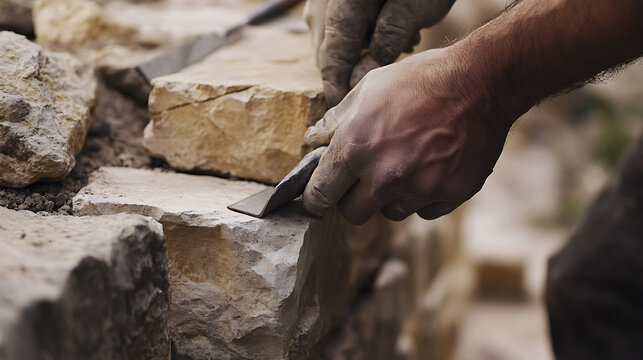 Mason restoring ancient stone structure in a park. Featuring historic masonry and preservation