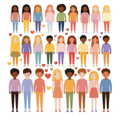 Diverse group of illustrated characters displaying various emotions and styles, standing together with hearts, ideal for themes of community, friendship, and togetherness.
