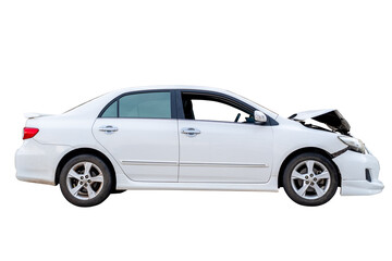 Car crash, Side view of white sedan car get damaged by accident on the road. damaged cars after collision. isolated on transparent background, PNG File