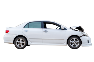 Car crash, Side view of white sedan car get damaged by accident on the road. damaged cars after collision. isolated on transparent background, PNG File