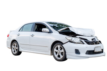 Car crash, Side view of white sedan car get damaged by accident on the road. damaged cars after...