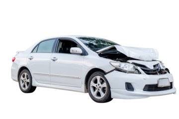 Car crash, Side view of white sedan car get damaged by accident on the road. damaged cars after collision. isolated on transparent background, PNG File