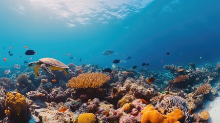 Vibrant underwater coral reef panorama with marine life, including fish, turtles, and sharks