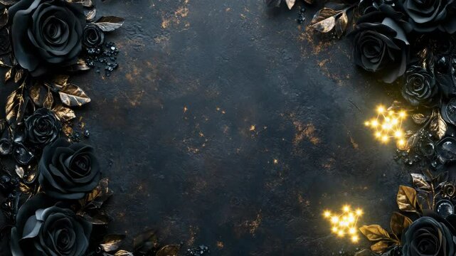 Dark rose and golden leaf frame on textured background with warm fairy lights - a whimsigothic design concept