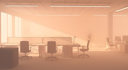 Fototapeta premium A sun-drenched office with modern desks, ergonomic chairs, and warm ambient lighting.