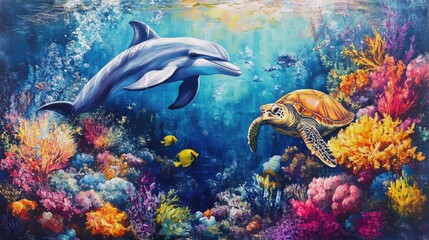 Obraz premium Vibrant underwater scene featuring a dolphin and sea turtle amidst colorful coral reefs