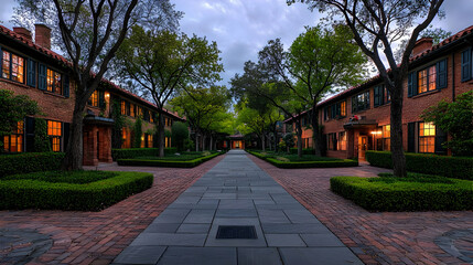 Fototapeta premium Evening Residential Street Scene With Brick Buildings and Trees
