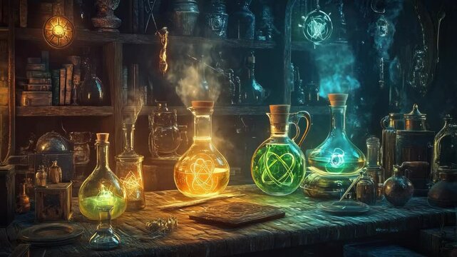 Enchanting alchemist's workshop with glowing potion bottles and mystical symbols, whimsigothic design elements for a cohesive gothic aesthetic and dreamlike atmosphere
