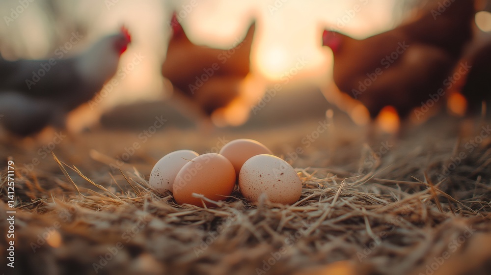 Poster freshly laid eggs rest in a cozy hay nest as chickens roam freely in the warm glow of the setting su
