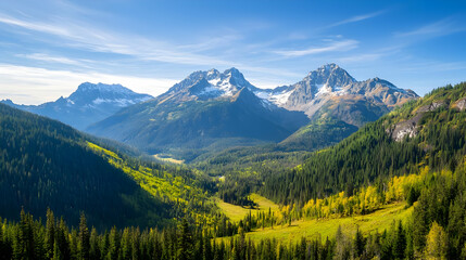 Fototapeta premium Alpine Valley with Colorful Fall Foliage and Snow-Capped Peaks
