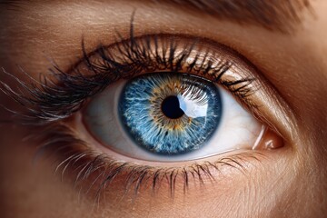 Vivid close-up of a human eye showcasing striking blue iris with intricate details and natural eyelashes