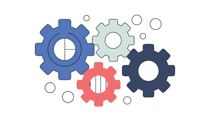 flat gears turning to represent teamwork on white background