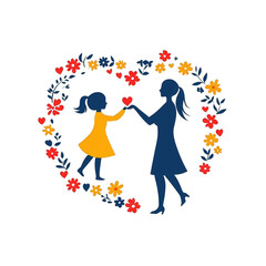 Illustration of a mother and daughter holding a heart amid a floral wreath, symbolizing love and connection.