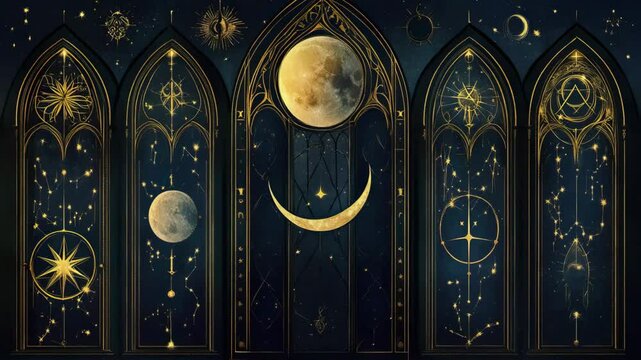Enchanting whimsigothic stained glass windows with celestial moons and stars in gothic architecture, mystical nighttime ambiance, whimsigothic design