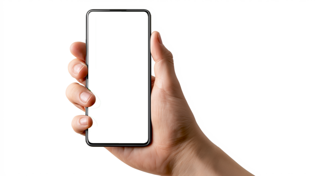 Front View Hand Holding Smartphone with Transparent Screen – Clean Tech Mockup for App Interface and Visual Design Concepts