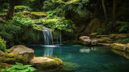 Serene Waterfall Oasis: Tranquil Waters and Lush Greenery Landscape