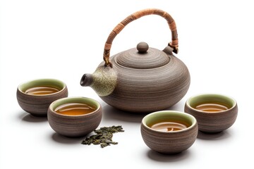 Handmade clay teapot with ceramic cups and loose leaf tea for a calm zen tea ceremony atmosphere isolated on white