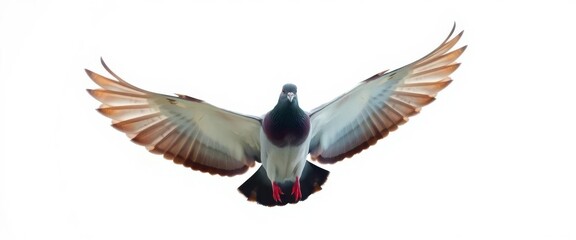 Obraz premium Lone pigeon in flight, wings outstretched against pure white backdrop, clean, avian