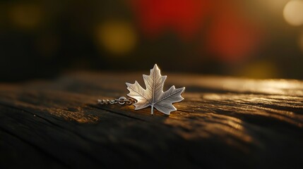 Glowing maple leaf pendant on rustic wood, warm sunlight and soft bokeh, embodying Canadian pride and serenity.