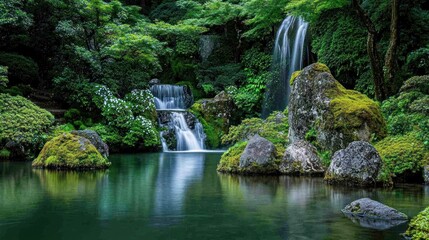 Serene waterfall in a Japanese garden, cascading water in a peaceful landscape