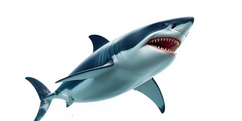 Obraz premium Massive great white shark breaching, isolated on white, sea predator, water