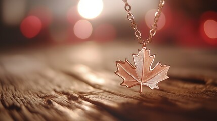 Glowing maple leaf pendant on rustic wood, warm sunlight and soft bokeh, embodying Canadian pride and serenity.