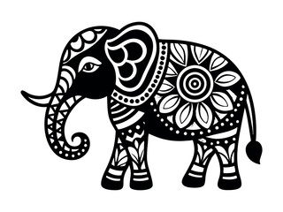 Hand drawn ink zentangle elephant for relax and meditation. Vector pattern black and white illustration can be used for coloring book pages for kids and adults