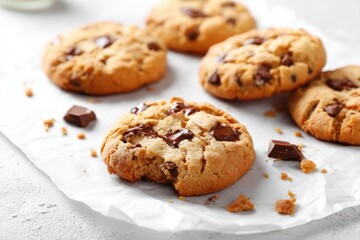 Freshly baked chocolate chip cookies with gooey chocolate and warm tones on white parchment paper