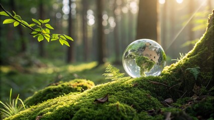 "A crystal globe nestled on vibrant green moss in a peaceful forest, glowing with soft sunlight filtering through the trees — symbolizing Earth's fragility and the need for sustainable living. Represe