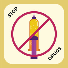 Modern stop drugs vector design (crossed out syringe illustration), anti-narcotics educational image,