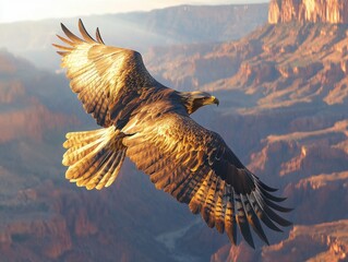 soaring above the canyon : A majestic eagle, with its powerful wings spread wide, soars effortlessly against the backdrop of a magnificent canyon landscape, symbolizing freedom and strength.