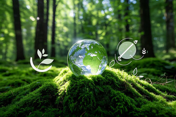 Crystal ball on moss with icons in green forest - environment esg concept, ecology and sustainable  03