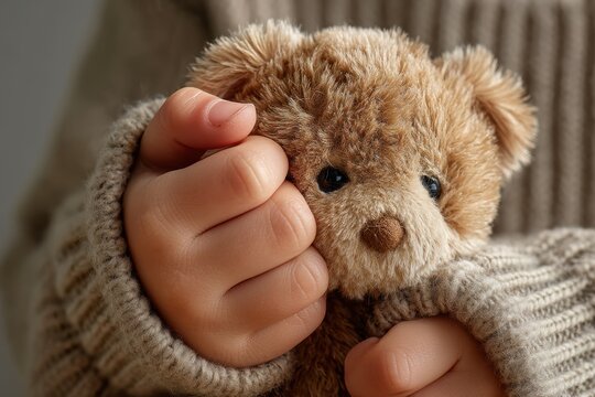 Child's hand gently grips soft plush teddy bear in warm, emotional lighting with detailed fabric texture