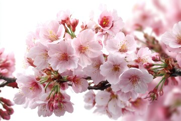 Naklejka premium Cherry blossoms bloom vibrantly against a soft white background, showcasing nature’s delicate beauty in springtime