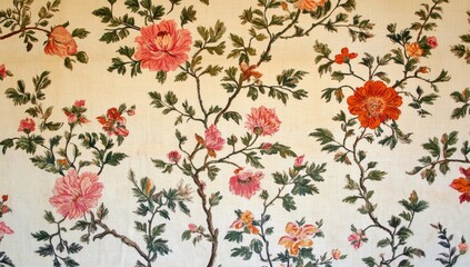 Elegant floral wallpaper with pink and orange blossoms on cream background