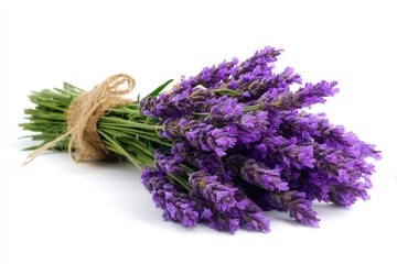 Freshly harvested lavender bouquet tied with rustic string in soft purple tones on a white background