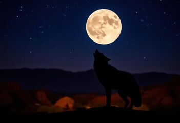 Coyote silhouette howling at desert moon, stars visible,  stock, dark
