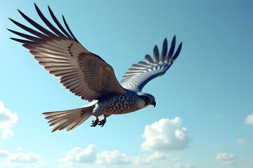 Obraz premium Soaring High, A Majestic Bird of Prey in Flight Against a Bright Blue Sky with Soft Clouds, Capturing the Essence of Wildlife and Freedom in Nature