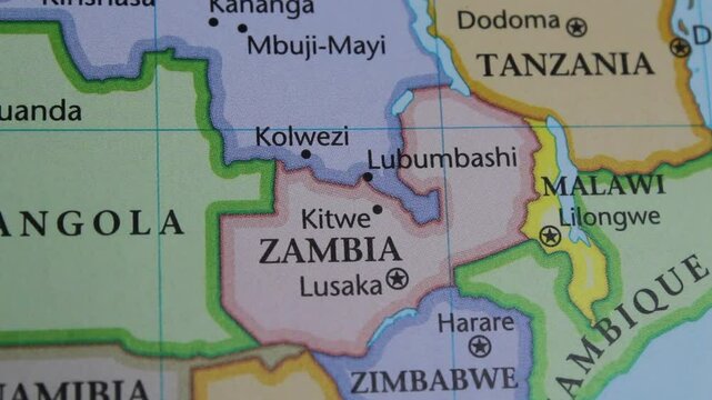close up of the country of Zambia viewed on a wold map as a travel concept. Zambia on a map. Political map of Zambia 
