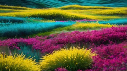 Bright and unusual spring landscape: blooming fields, green grass, vibrant flowers, and sunny skies creating an atmosphere of freshness and nature.