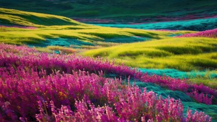 Bright and unusual spring landscape: blooming fields, green grass, vibrant flowers, and sunny skies creating an atmosphere of freshness and nature.