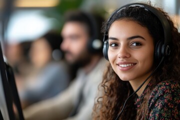 diverse female customer service operator in headphones. support agent, woman, smiling at work. Horizontal banner with copy space right.
