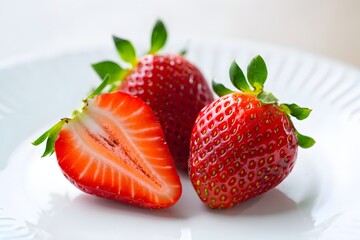 Three juicy strawberries, one halved, showcasing their vibrant red color and fresh green leaves, rest on a pristine white plate.