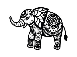 Hand drawn ink zentangle elephant for relax and meditation. Vector pattern black and white illustration can be used for coloring book pages for kids and adults