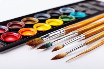 Obraz premium Creative watercolor paint palette with brushes on an artistic desk for vibrant art activities