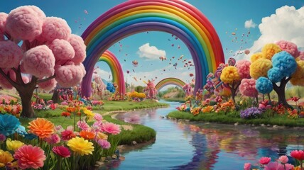 Bright and unusual spring landscape: blooming fields, green grass, vibrant flowers, and sunny skies creating an atmosphere of freshness and nature.