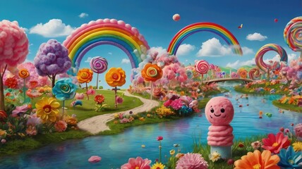 Bright and unusual spring landscape: blooming fields, green grass, vibrant flowers, and sunny skies creating an atmosphere of freshness and nature.