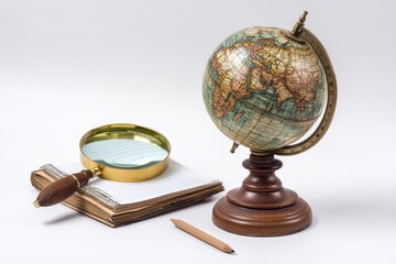 Vintage globe and magnifying glass for geography study on white background