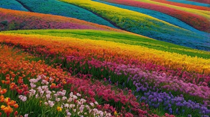 Bright and unusual spring landscape: blooming fields, green grass, vibrant flowers, and sunny skies creating an atmosphere of freshness and nature.