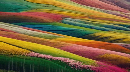 Bright and unusual spring landscape: blooming fields, green grass, vibrant flowers, and sunny skies creating an atmosphere of freshness and nature.